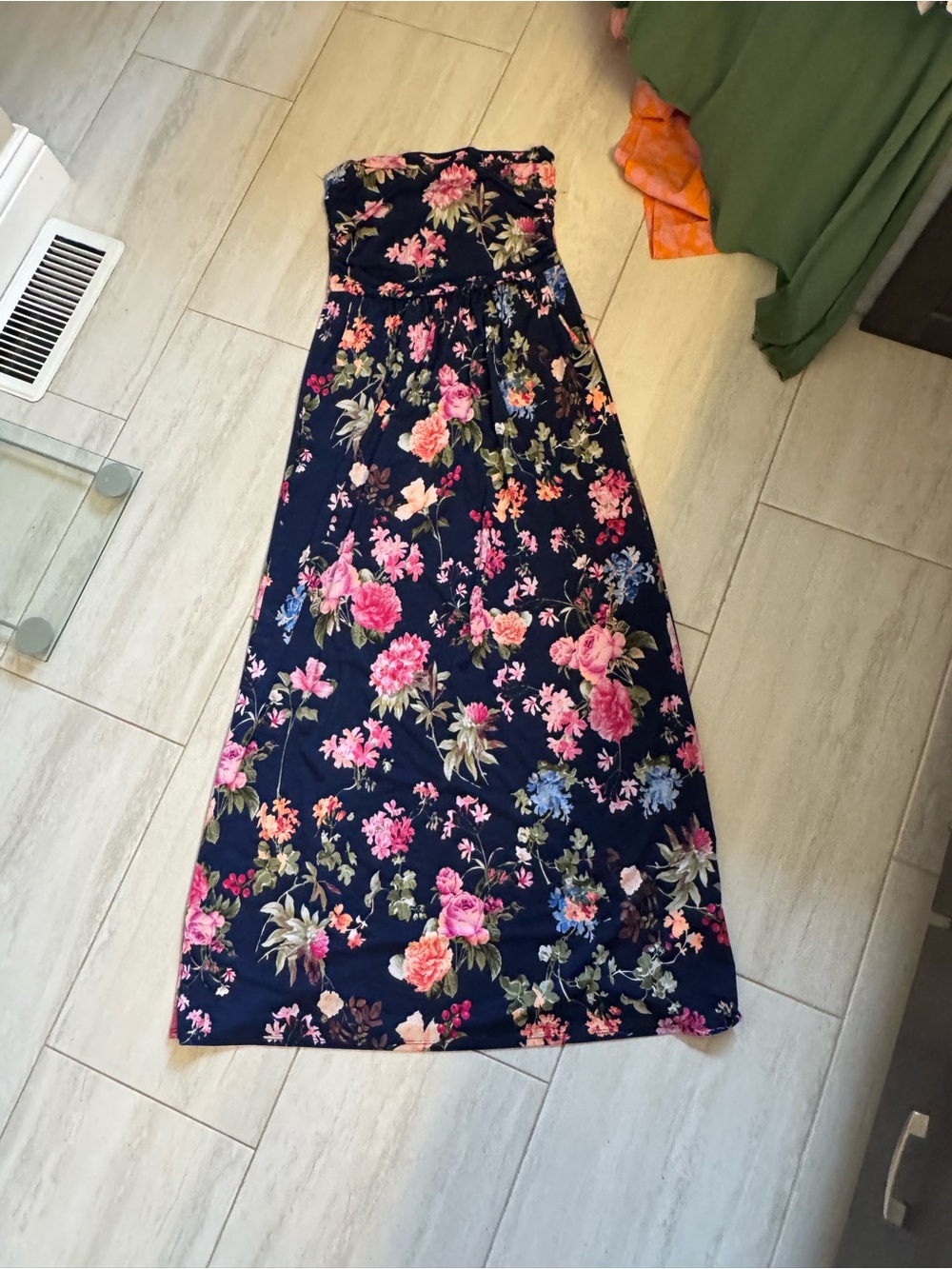 Navy Floral Strapless Maxi Dress